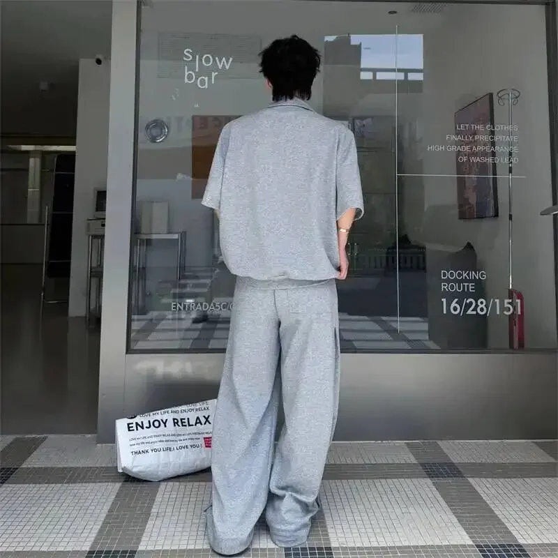 Grey New Summer Men's Two Pieces Set Turn Down Collar Fake Short Sleeve Sweatshirt And Casual Wide Leg Long Pants GPBW
