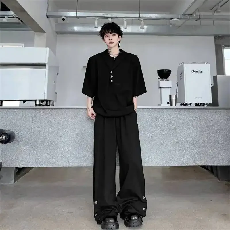Grey New Summer Men's Two Pieces Set Turn Down Collar Fake Short Sleeve Sweatshirt And Casual Wide Leg Long Pants GPBW