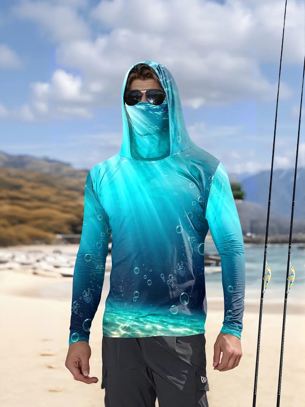Men's long-sleeved T-shirt with sun protection hooded jacket protective mask one-piece outdoor long-sleeved top