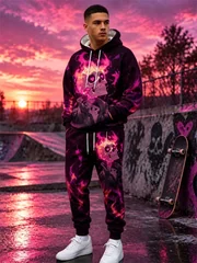 Fall/Winter Flame Skull Print Hoodie Set Men's Hoodie Sweatpants Hip-Hop Fashionable Two-Piece Set Sportswear Men's Clothing