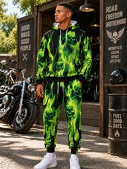 Fall/Winter Flame Skull Print Hoodie Set Men's Hoodie Sweatpants Hip-Hop Fashionable Two-Piece Set Sportswear Men's Clothing