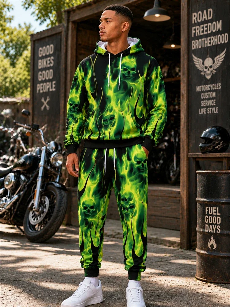 Fall/Winter Flame Skull Print Hoodie Set Men's Hoodie Sweatpants Hip-Hop Fashionable Two-Piece Set Sportswear Men's Clothing