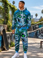 Fall/Winter Flame Skull Print Hoodie Set Men's Hoodie Sweatpants Hip-Hop Fashionable Two-Piece Set Sportswear Men's Clothing