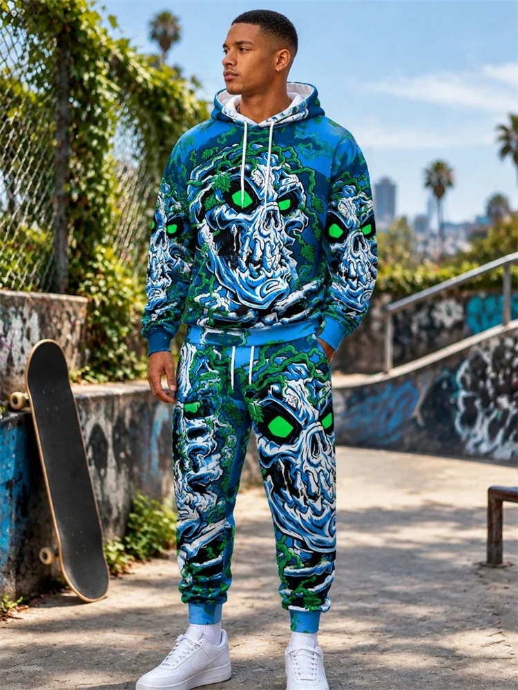 Fall/Winter Flame Skull Print Hoodie Set Men's Hoodie Sweatpants Hip-Hop Fashionable Two-Piece Set Sportswear Men's Clothing