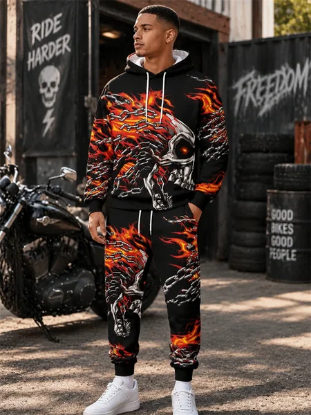Fall/Winter Flame Skull Print Hoodie Set Men's Hoodie Sweatpants Hip-Hop Fashionable Two-Piece Set Sportswear Men's Clothing