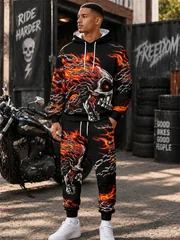Fall/Winter Flame Skull Print Hoodie Set Men's Hoodie Sweatpants Hip-Hop Fashionable Two-Piece Set Sportswear Men's Clothing