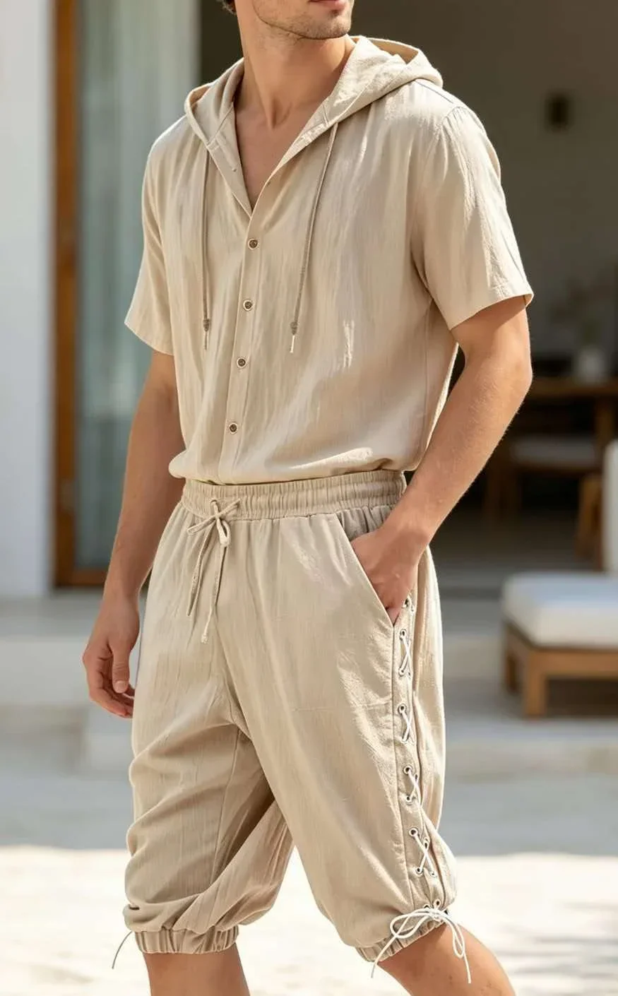 Men's 2 Piece Outfit Hooded Short Sleeve Shirt & Elastic Waist Drawstring Shorts Set Casual Beach Summer Tracksuit