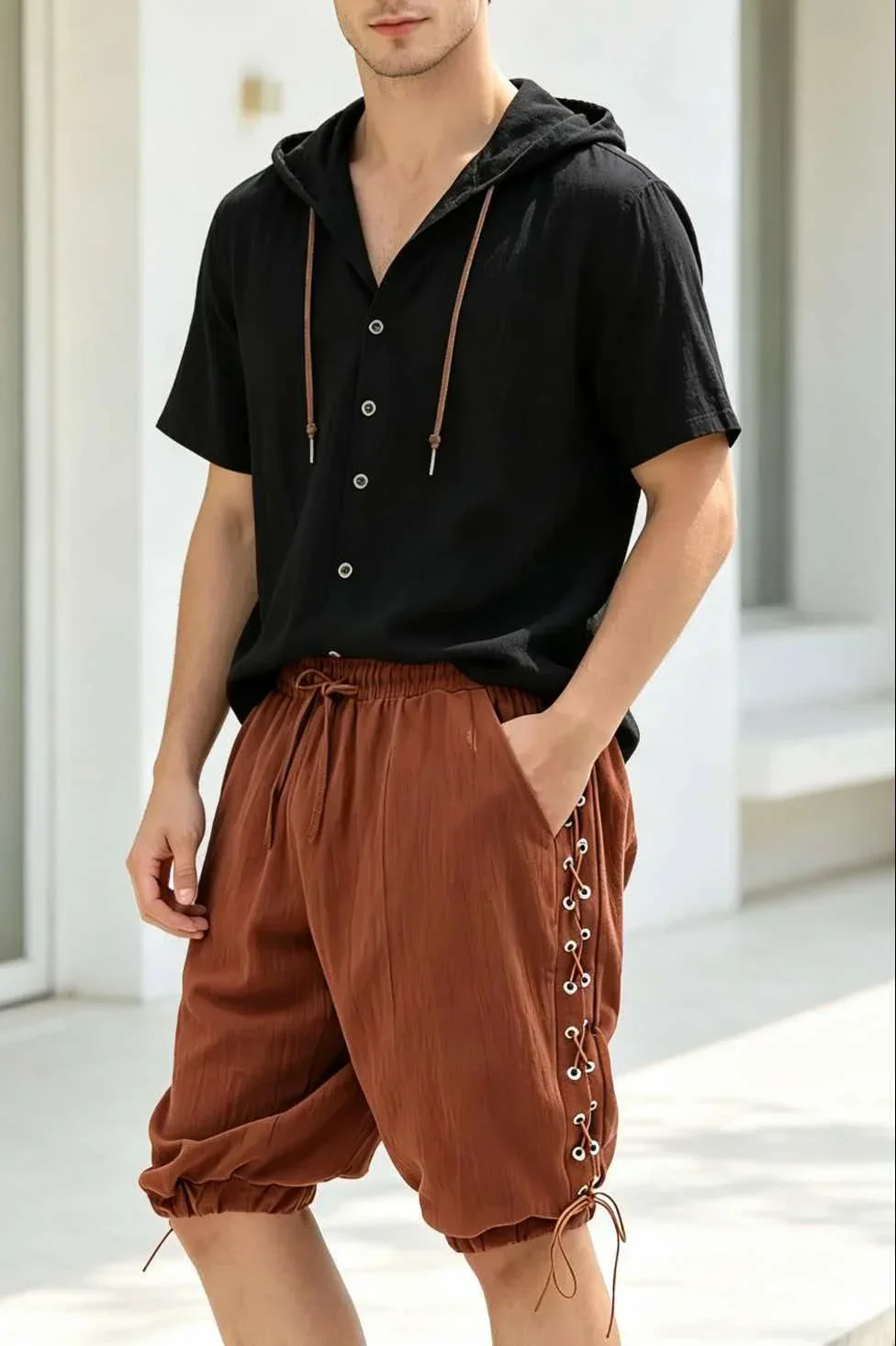 Men's 2 Piece Outfit Hooded Short Sleeve Shirt & Elastic Waist Drawstring Shorts Set Casual Beach Summer Tracksuit