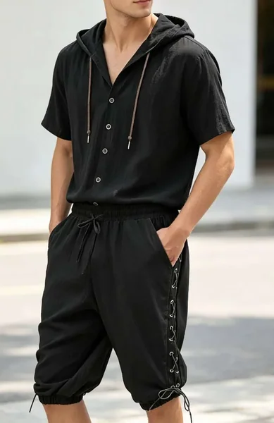 Men's 2 Piece Outfit Hooded Short Sleeve Shirt & Elastic Waist Drawstring Shorts Set Casual Beach Summer Tracksuit
