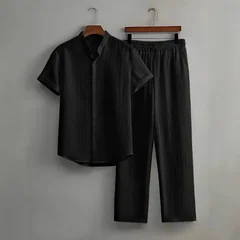 Men Vertical Texture Stand Collar Short Sleeve Shirt Wide Leg Pants Two Piece Casual Beach Outfit S 4XL