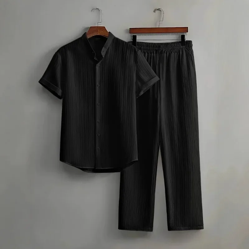 Men Vertical Texture Stand Collar Short Sleeve Shirt Wide Leg Pants Two Piece Casual Beach Outfit S 4XL