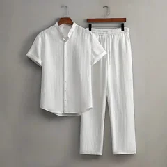 Men Vertical Texture Stand Collar Short Sleeve Shirt Wide Leg Pants Two Piece Casual Beach Outfit S 4XL