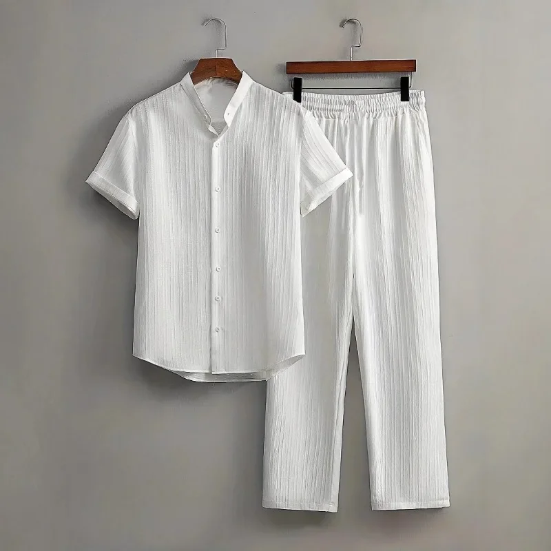 Men Vertical Texture Stand Collar Short Sleeve Shirt Wide Leg Pants Two Piece Casual Beach Outfit S 4XL