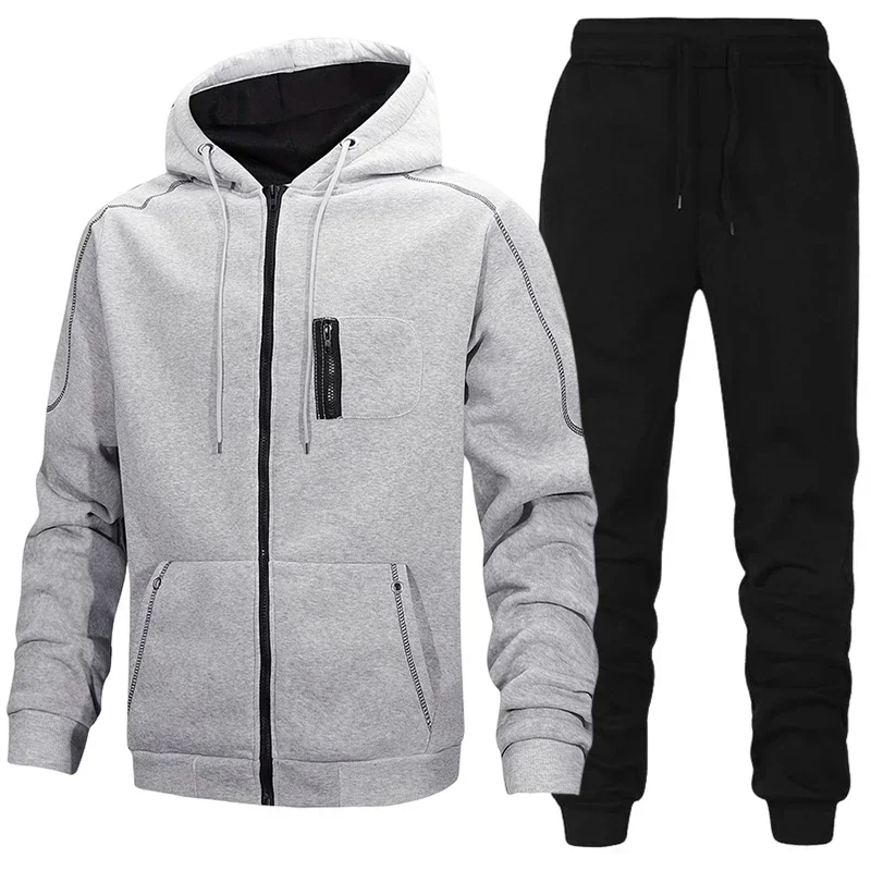 Autumn Winter Daily Casual Sports Jogger Suit Outdoor Warm Motorcycle Coat Outfit 2026 Mens Set Zipper Hoodie and Black Trousers