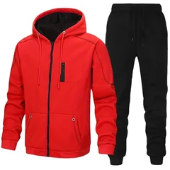 Autumn Winter Daily Casual Sports Jogger Suit Outdoor Warm Motorcycle Coat Outfit 2026 Mens Set Zipper Hoodie and Black Trousers