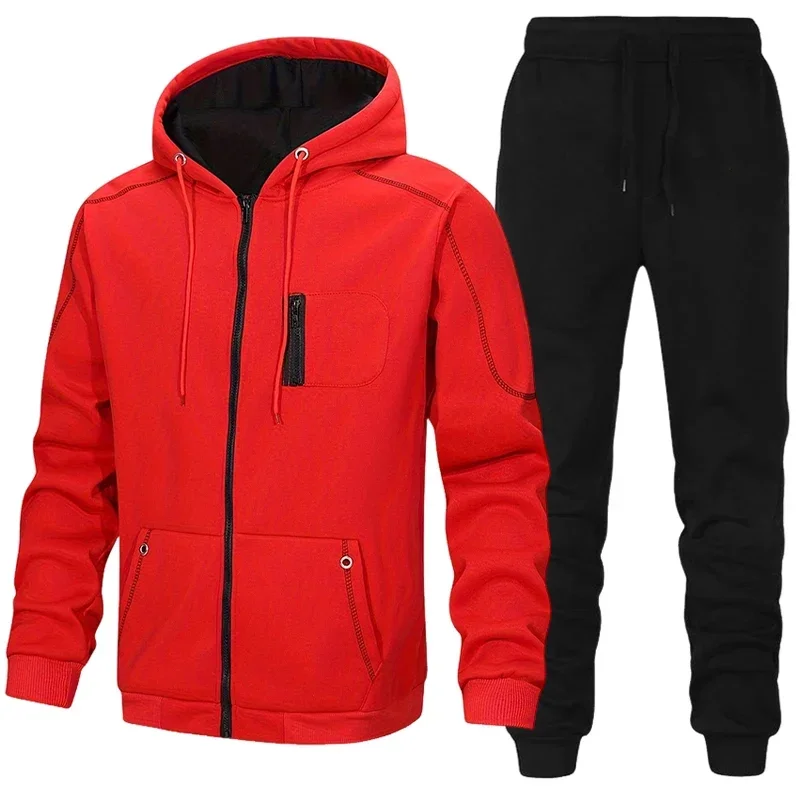 Autumn Winter Daily Casual Sports Jogger Suit Outdoor Warm Motorcycle Coat Outfit 2026 Mens Set Zipper Hoodie and Black Trousers