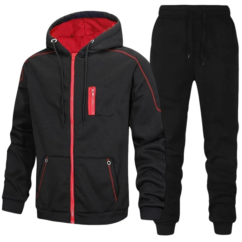 Autumn Winter Daily Casual Sports Jogger Suit Outdoor Warm Motorcycle Coat Outfit 2026 Mens Set Zipper Hoodie and Black Trousers