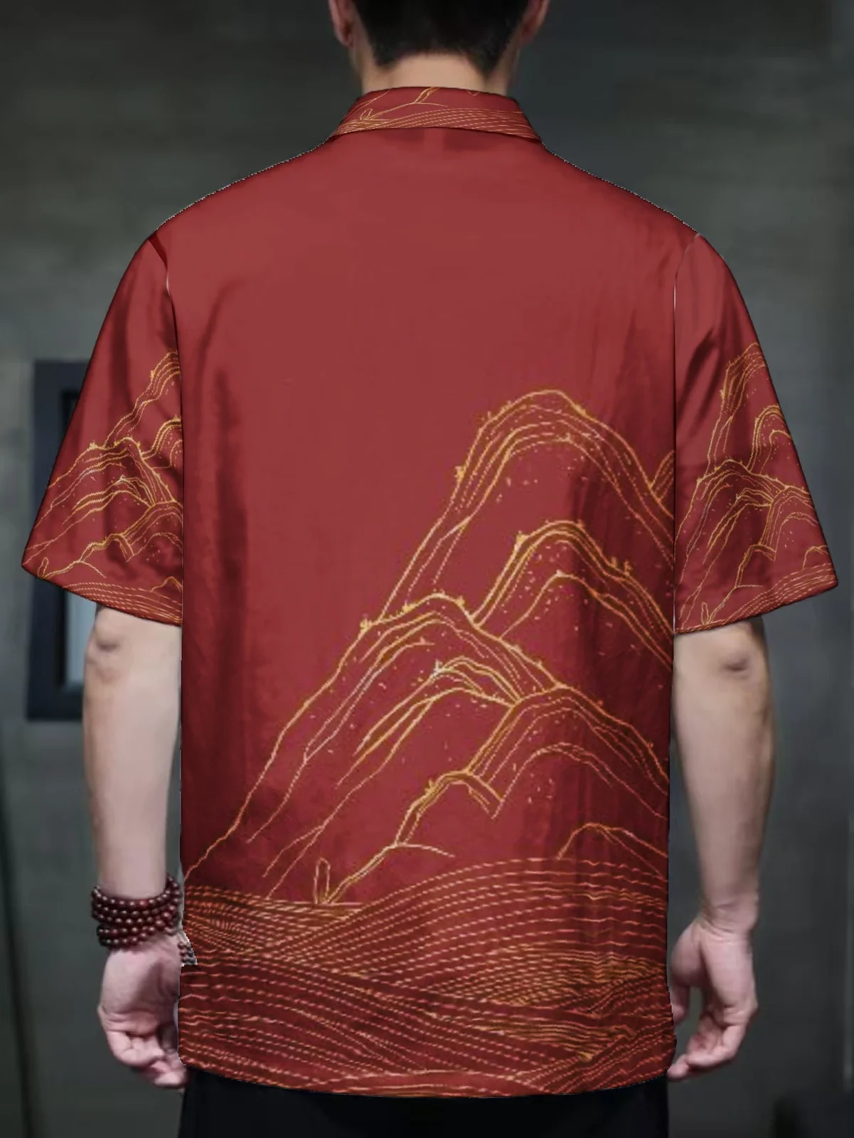 Men Oriental Tang Suit Short Sleeve Outer Shirt Mandarin Collar Frog Button Golden Line Mountain Print Red Base Traditional Stre