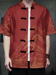 Men Oriental Tang Suit Short Sleeve Outer Shirt Mandarin Collar Frog Button Golden Line Mountain Print Red Base Traditional Stre