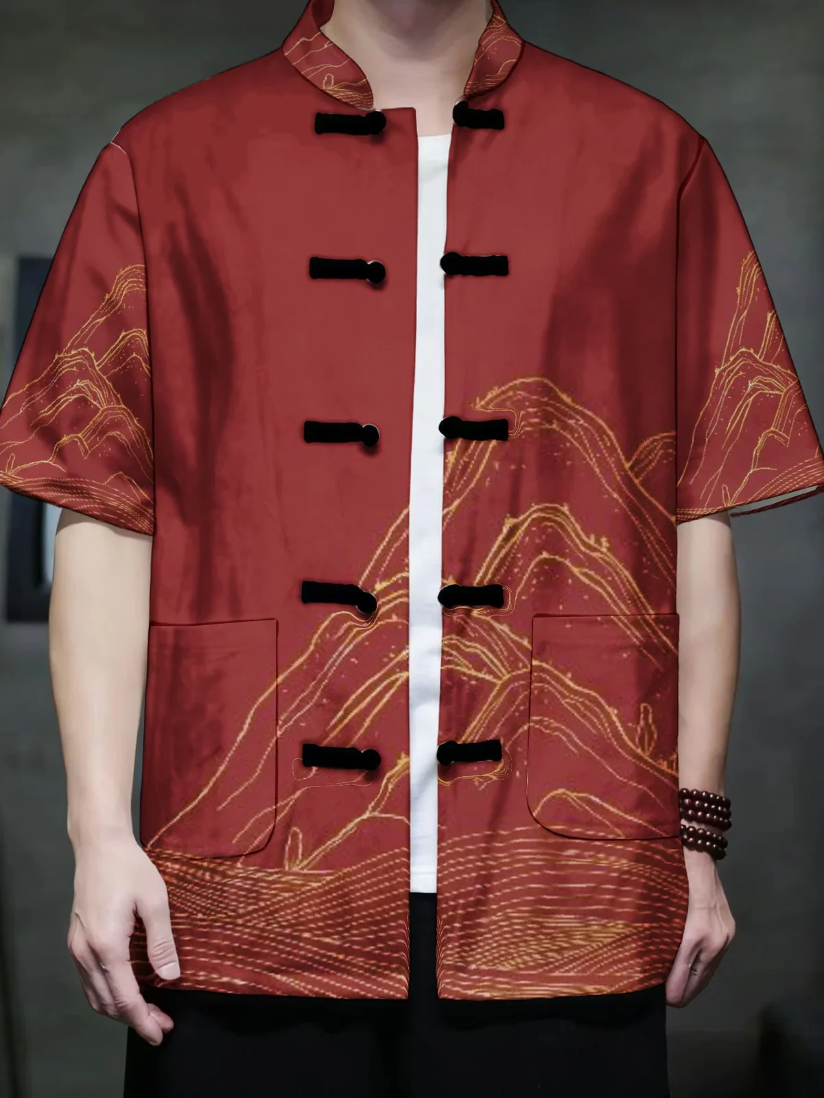 Men Oriental Tang Suit Short Sleeve Outer Shirt Mandarin Collar Frog Button Golden Line Mountain Print Red Base Traditional Stre