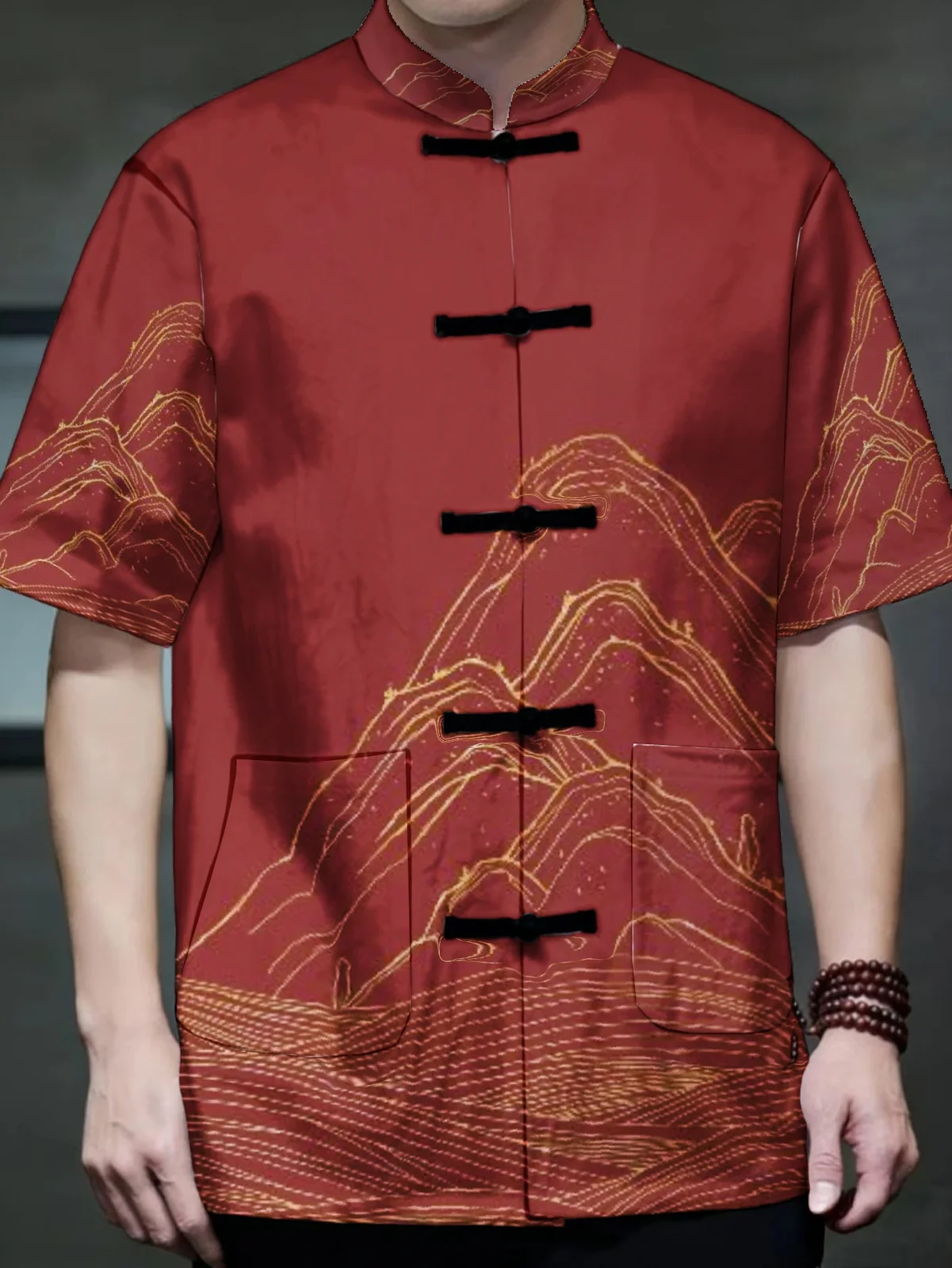 Men Oriental Tang Suit Short Sleeve Outer Shirt Mandarin Collar Frog Button Golden Line Mountain Print Red Base Traditional Stre