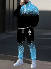 Fashion Crown Printed Hoodies and Pants 2 Piece Outfit Autumn and Winter Casual Men's Sweatshirt Sets Outdoor Loose Sports Suit