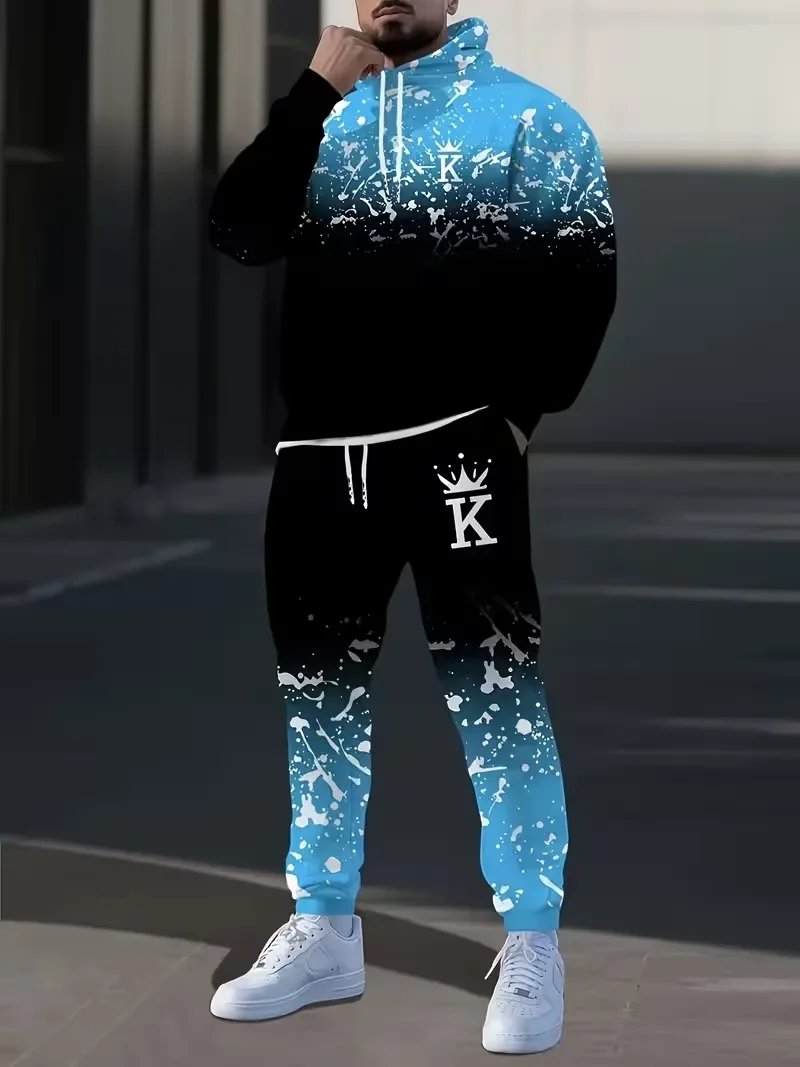 Fashion Crown Printed Hoodies and Pants 2 Piece Outfit Autumn and Winter Casual Men's Sweatshirt Sets Outdoor Loose Sports Suit