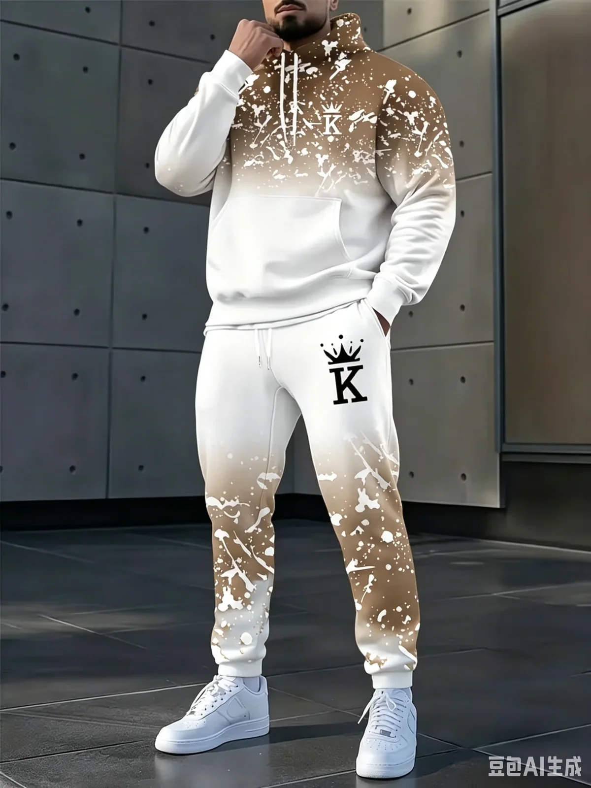 Fashion Crown Printed Hoodies and Pants 2 Piece Outfit Autumn and Winter Casual Men's Sweatshirt Sets Outdoor Loose Sports Suit