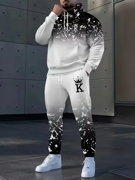 Fashion Crown Printed Hoodies and Pants 2 Piece Outfit Autumn and Winter Casual Men's Sweatshirt Sets Outdoor Loose Sports Suit