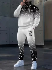 Fashion Crown Printed Hoodies and Pants 2 Piece Outfit Autumn and Winter Casual Men's Sweatshirt Sets Outdoor Loose Sports Suit
