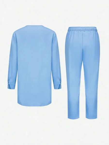 African & Middle Eastern Men's Traditional Outfit Sky Blue Set Long Sleeve Dashiki Top with Pants Ethnic Wear for Wedding Party