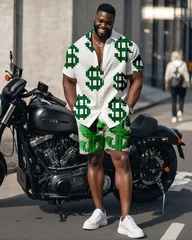 S-9XL Men's Summer Dollar Sign Print Oversized Shirt & Shorts Set Multi-Design Casual 2-Piece Outfit