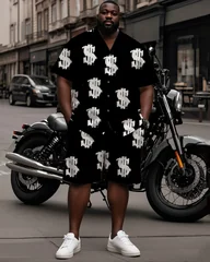 S-9XL Men's Summer Dollar Sign Print Oversized Shirt & Shorts Set Multi-Design Casual 2-Piece Outfit