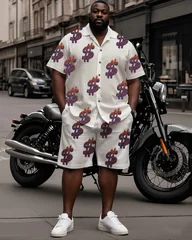 S-9XL Men's Summer Dollar Sign Print Oversized Shirt & Shorts Set Multi-Design Casual 2-Piece Outfit