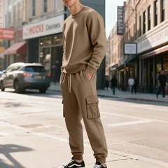 Men's Fleece-Lined Crewneck Two-Piece Set: Crewneck Sweatshirt and Work Pants, Winter Casual Sportswear