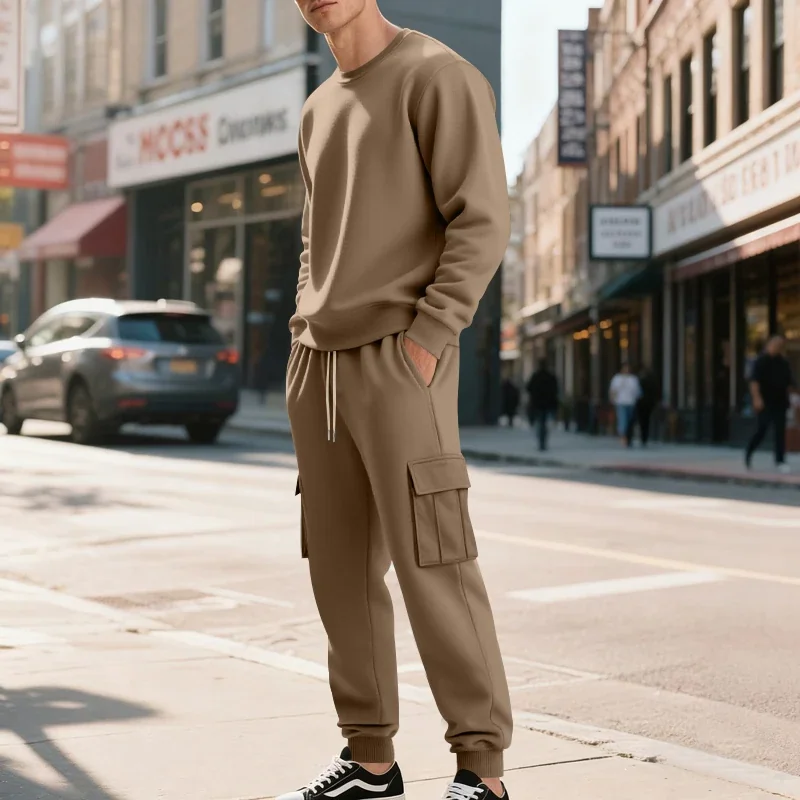 Men's Fleece-Lined Crewneck Two-Piece Set: Crewneck Sweatshirt and Work Pants, Winter Casual Sportswear