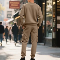 Men's Fleece-Lined Crewneck Two-Piece Set: Crewneck Sweatshirt and Work Pants, Winter Casual Sportswear
