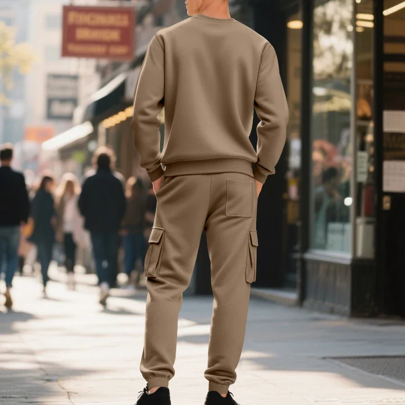 Men's Fleece-Lined Crewneck Two-Piece Set: Crewneck Sweatshirt and Work Pants, Winter Casual Sportswear