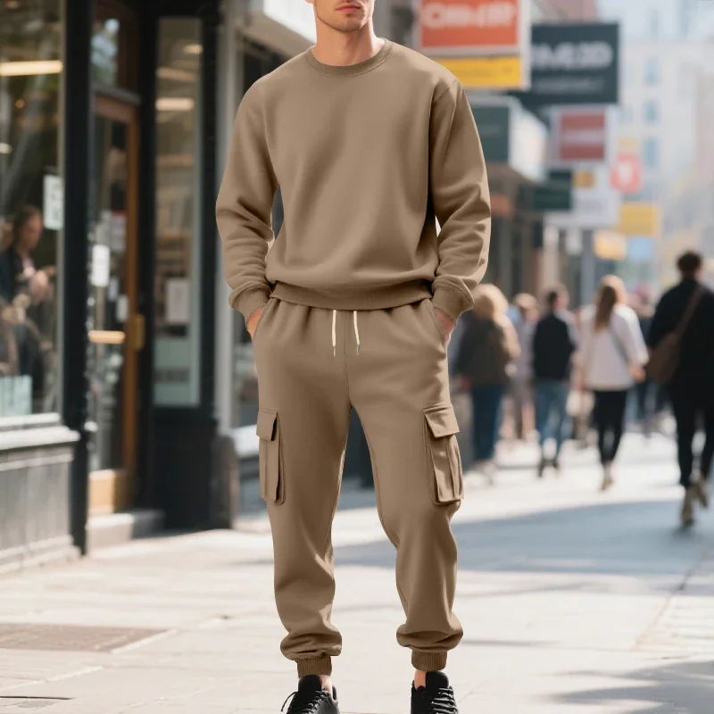 Men's Fleece-Lined Crewneck Two-Piece Set: Crewneck Sweatshirt and Work Pants, Winter Casual Sportswear
