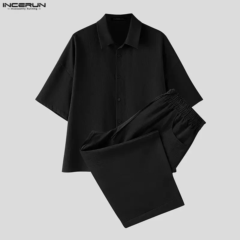 INCERUN Men's Sets Solid Lapel Short Sleeve Shirt Pants Two Piece Sets Streetwear Loose 2026 Summer Fashion Men Matching Sets