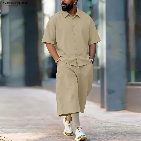 INCERUN Men's Sets Solid Lapel Short Sleeve Shirt Pants Two Piece Sets Streetwear Loose 2026 Summer Fashion Men Matching Sets