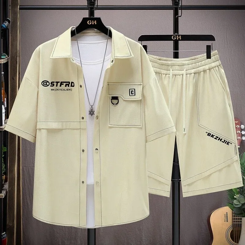 New Summer Classic Fashionable Sports Fitness Breathable Short Sleeve Shirt Set Men's Casual Loose Plus Size Two-Piece Set