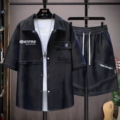 New Summer Classic Fashionable Sports Fitness Breathable Short Sleeve Shirt Set Men's Casual Loose Plus Size Two-Piece Set
