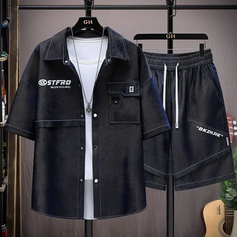New Summer Classic Fashionable Sports Fitness Breathable Short Sleeve Shirt Set Men's Casual Loose Plus Size Two-Piece Set
