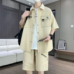 New Summer Classic Fashionable Sports Fitness Breathable Short Sleeve Shirt Set Men's Casual Loose Plus Size Two-Piece Set