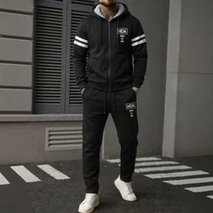 Men's Fleece Lined 2Pcs Tracksuit Autumn Winter Zip‑Up Hooded Jacket & Drawstring Sweatpants Stripe Print Warm Male Outfit Sets