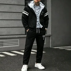 Men's Fleece Lined 2Pcs Tracksuit Autumn Winter Zip‑Up Hooded Jacket & Drawstring Sweatpants Stripe Print Warm Male Outfit Sets