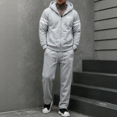 Men's Fleece Lined 2Pcs Tracksuit Autumn Winter Zip‑Up Hooded Jacket & Drawstring Sweatpants Stripe Print Warm Male Outfit Sets