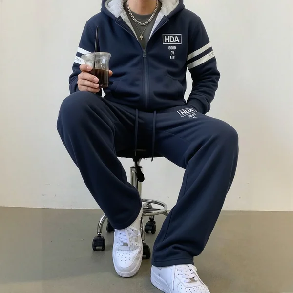 Men's Fleece Lined 2Pcs Tracksuit Autumn Winter Zip‑Up Hooded Jacket & Drawstring Sweatpants Stripe Print Warm Male Outfit Sets