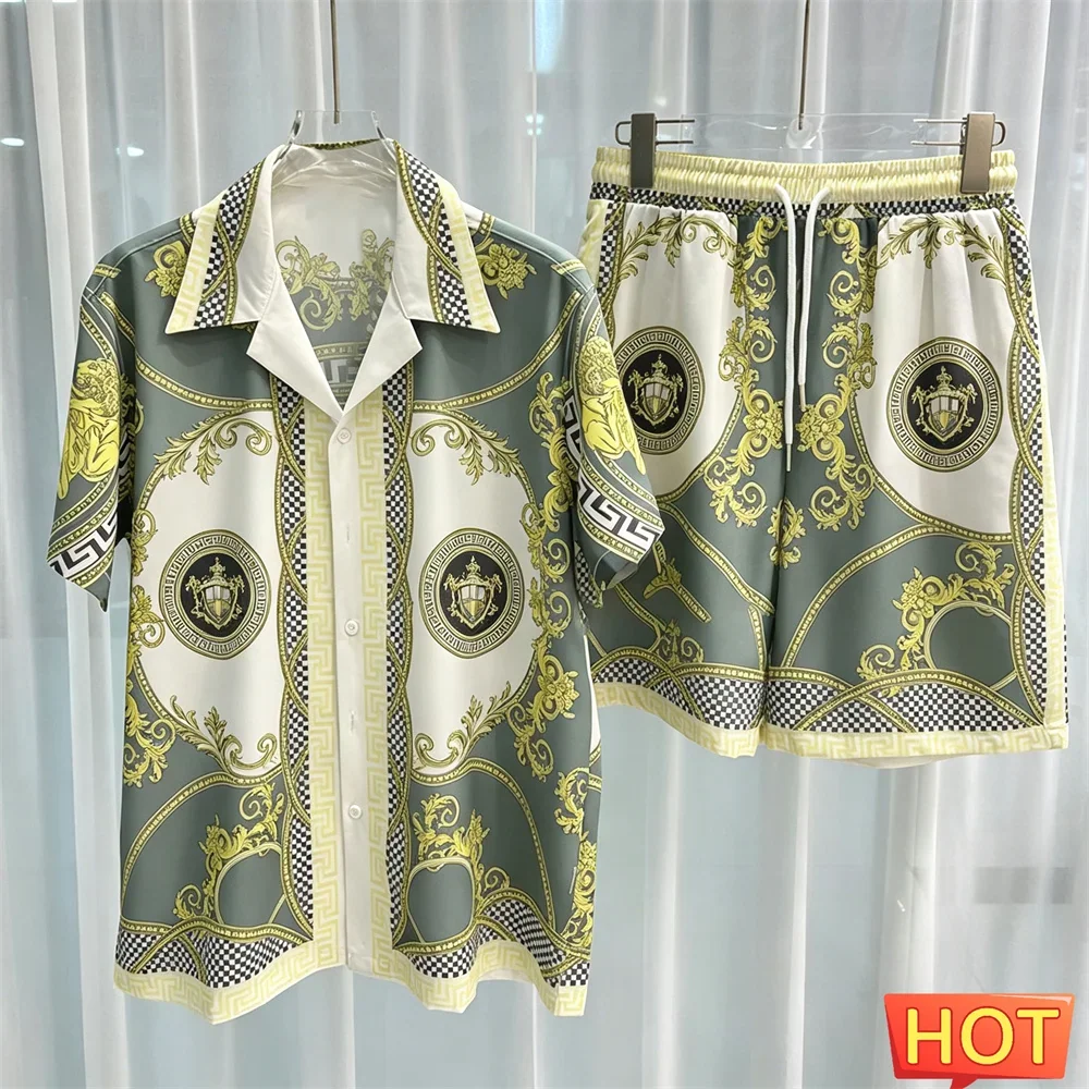Striped Crown Pattern Luxury two-piece shirt set Summer Men Shirt Set colorful home high-end button up shirts pants Vacation set